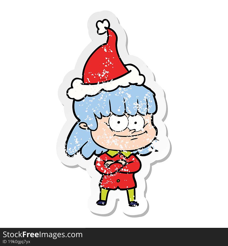 distressed sticker cartoon of a smiling woman wearing santa hat