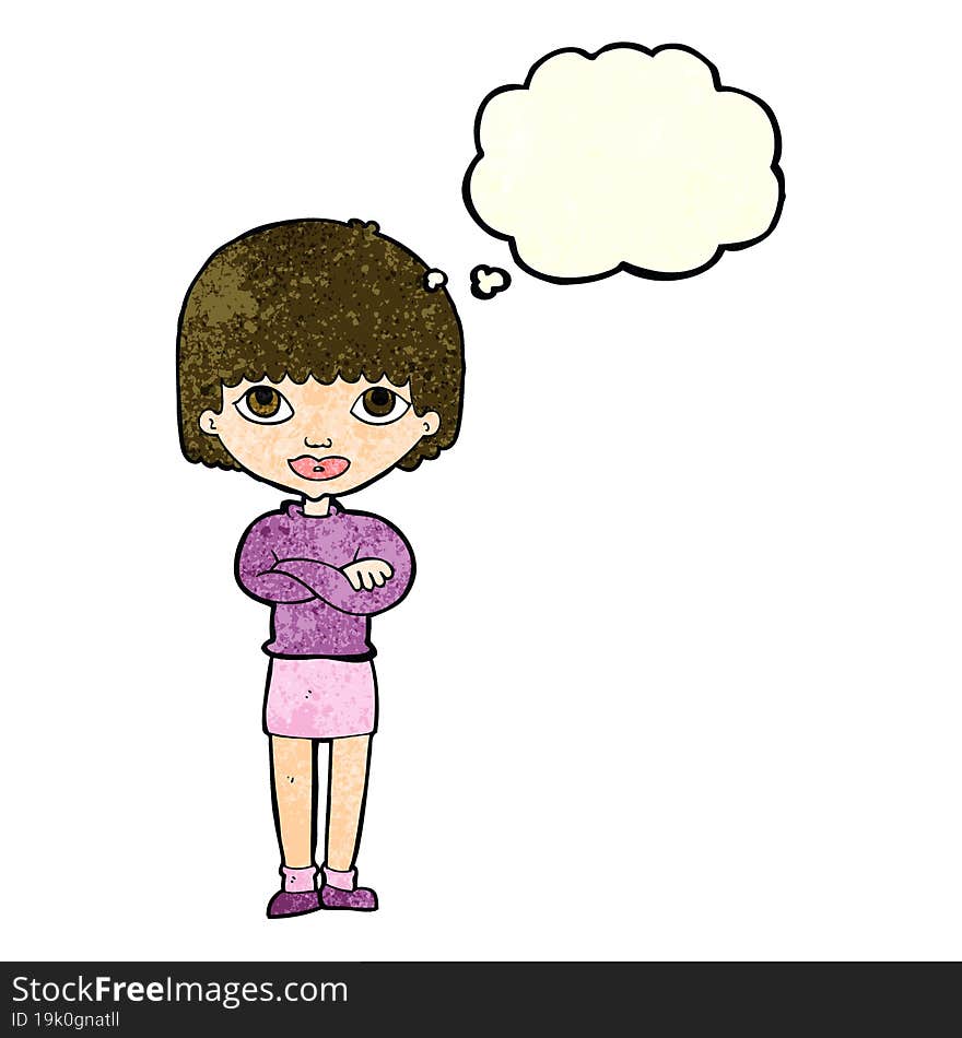 cartoon woman with folded arms with thought bubble