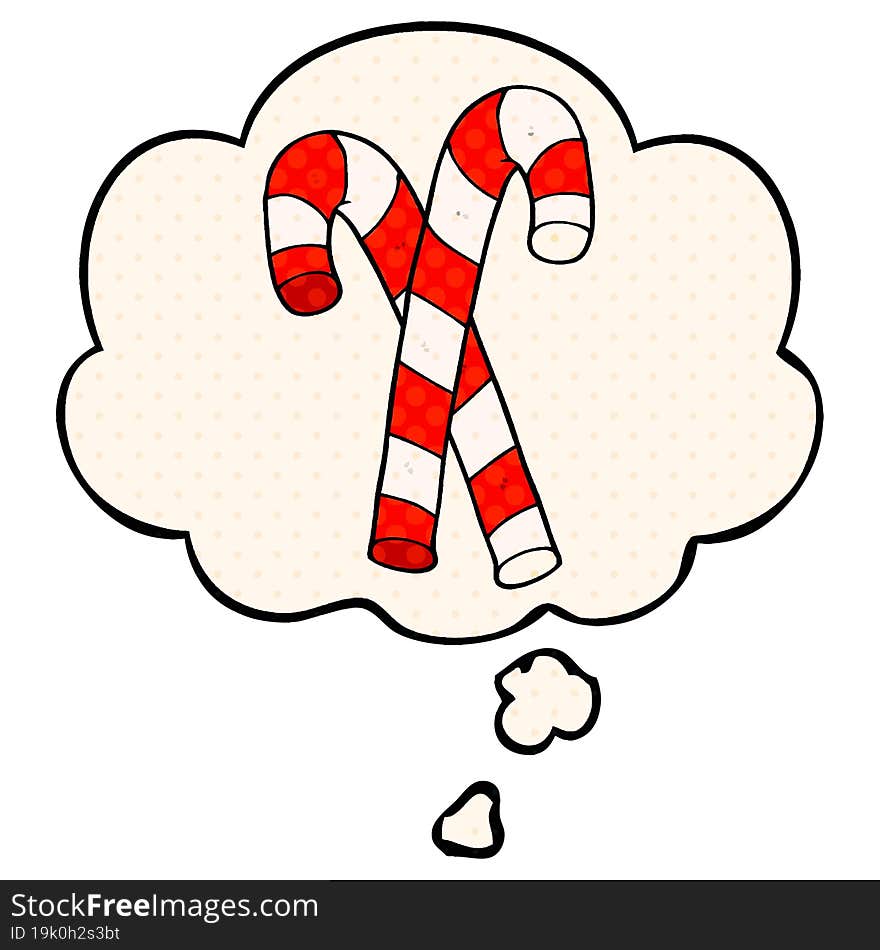 cartoon candy canes with thought bubble in comic book style