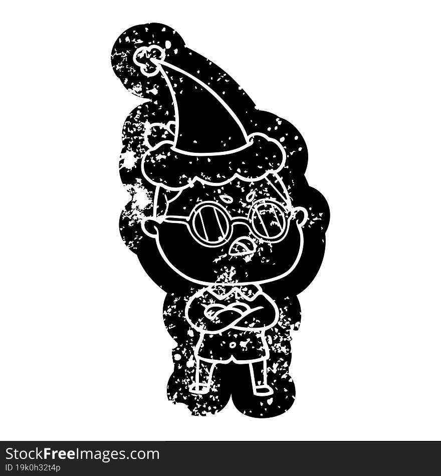 quirky cartoon distressed icon of a annoyed woman wearing santa hat