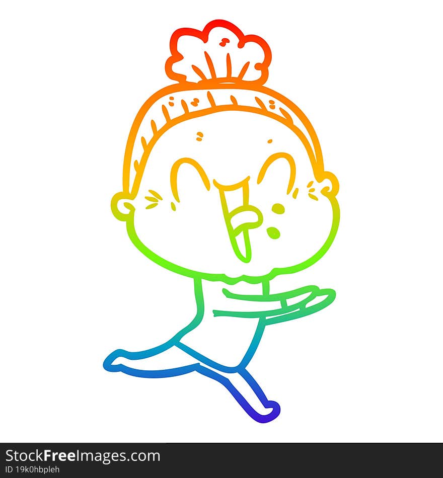 rainbow gradient line drawing of a cartoon happy old woman