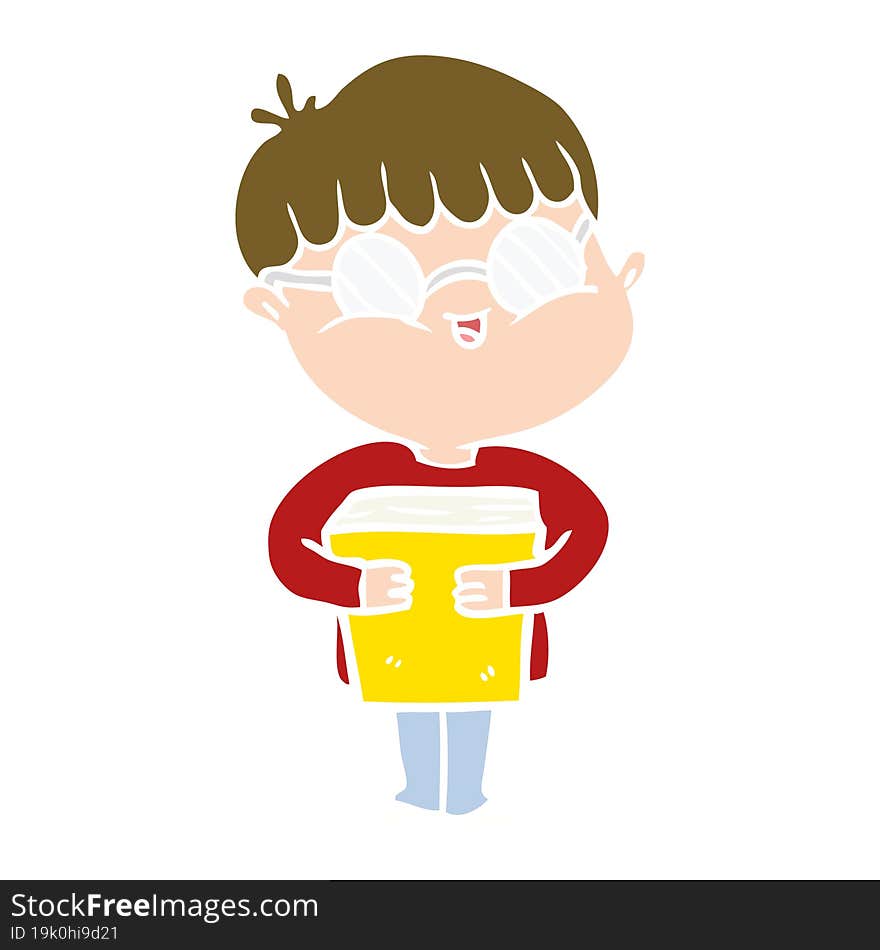 flat color style cartoon boy wearing spectacles carrying book