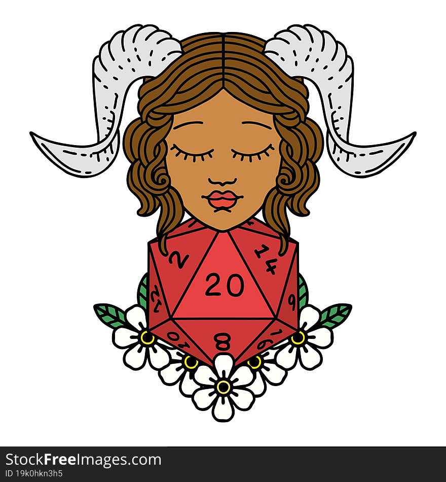 Retro Tattoo Style tiefling with natural 20 D20 dice roll. Retro Tattoo Style tiefling with natural 20 D20 dice roll