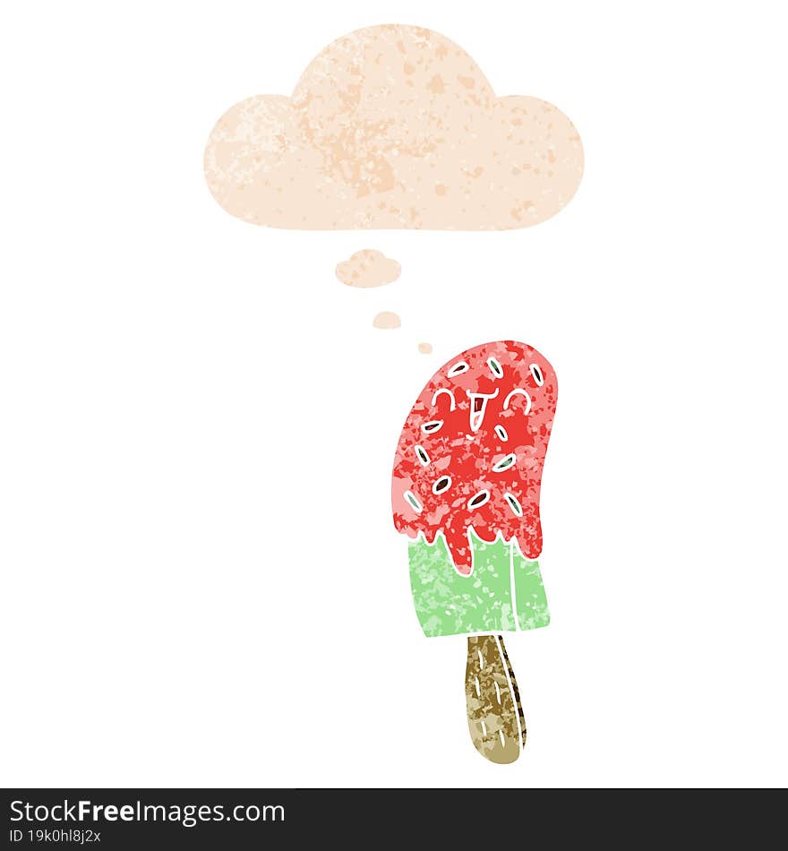 cartoon ice lolly and thought bubble in retro textured style