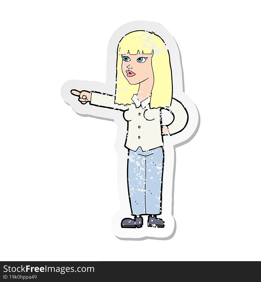 retro distressed sticker of a cartoon pretty woman pointing