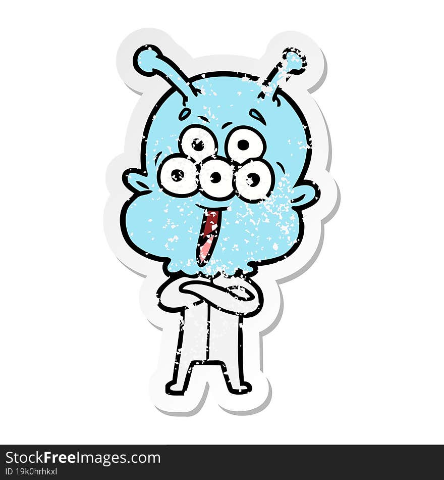 distressed sticker of a happy cartoon alien