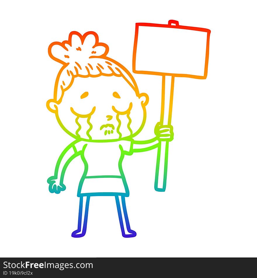 Rainbow Gradient Line Drawing Cartoon Crying Woman With Protest Sign