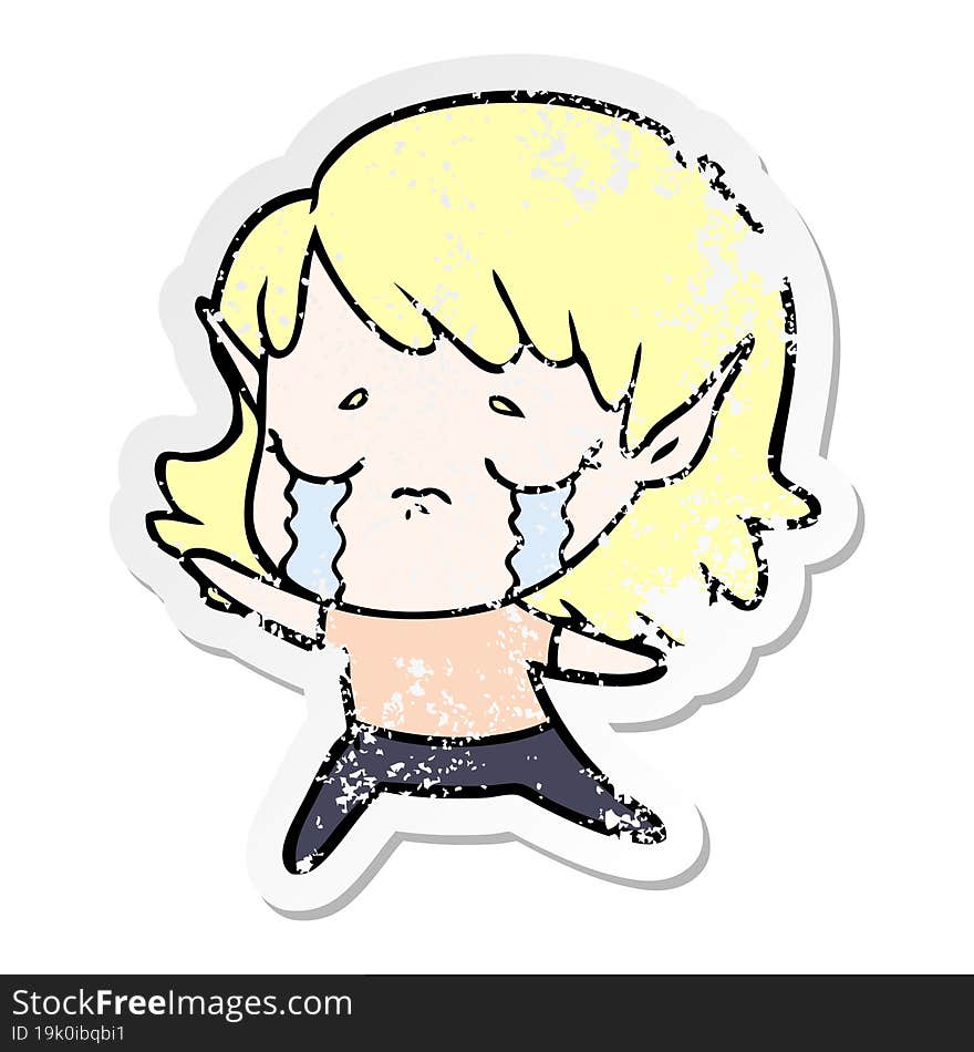 distressed sticker of a cartoon crying elf girl