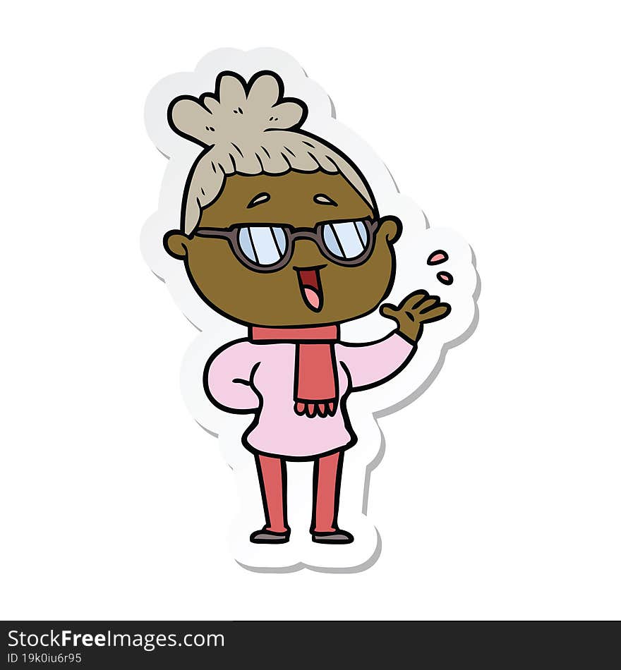 sticker of a cartoon happy woman wearing spectacles