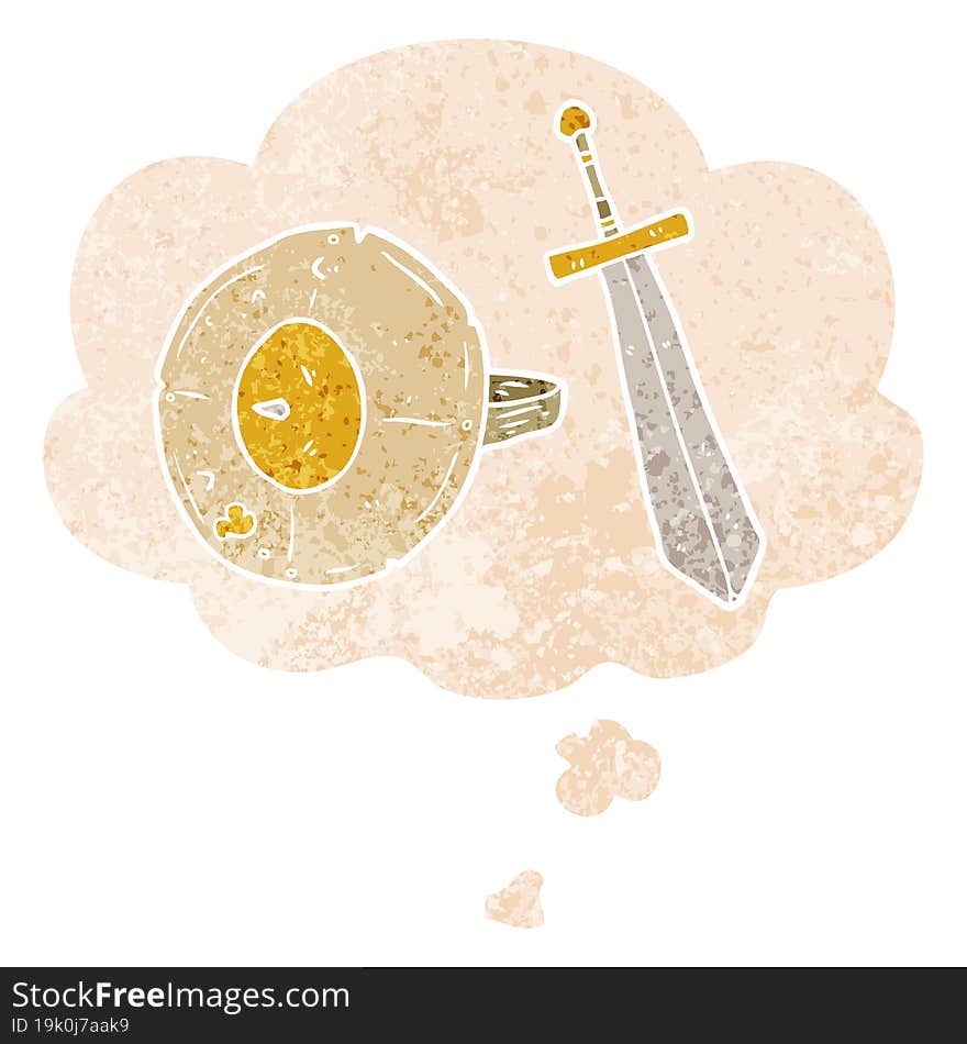 Cartoon Shield And Sword And Thought Bubble In Retro Textured Style