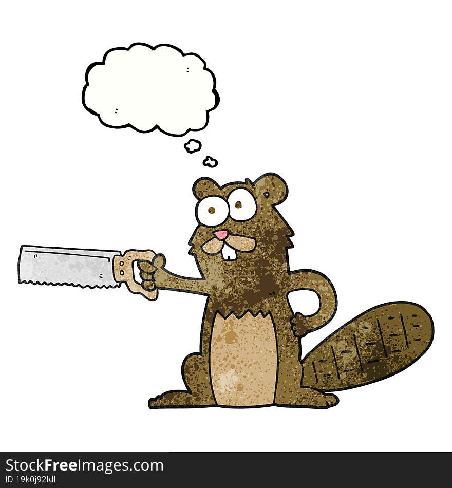 freehand drawn thought bubble textured cartoon beaver with saw