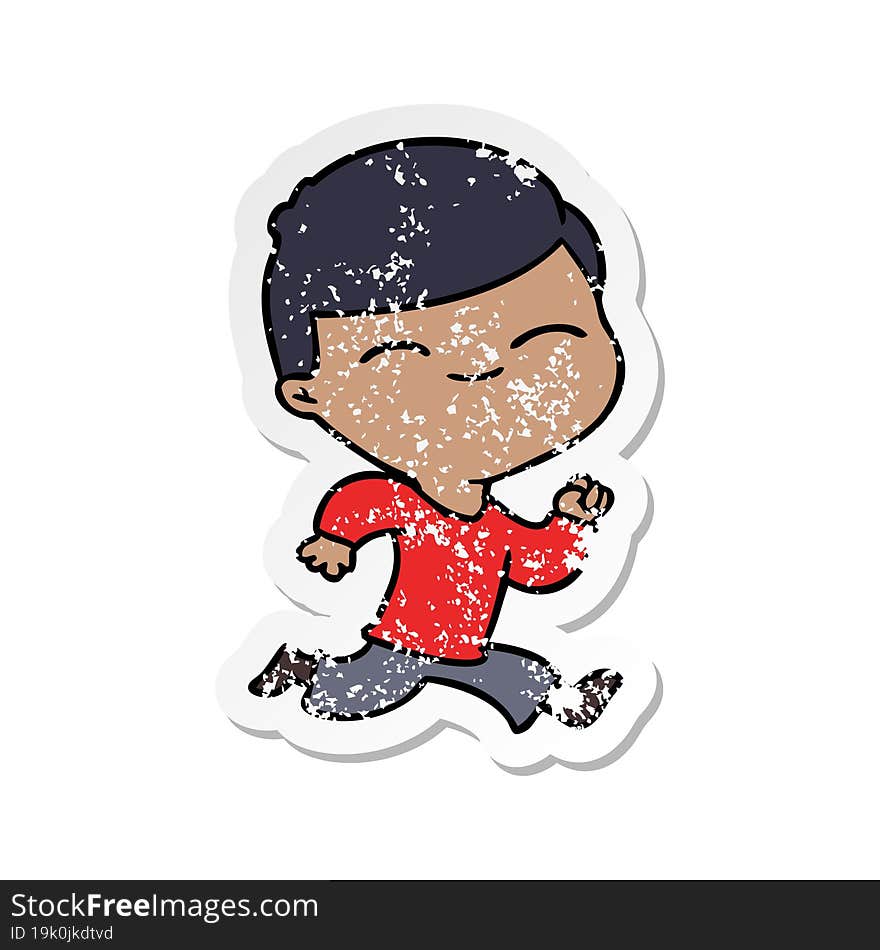 distressed sticker of a cartoon smiling boy running