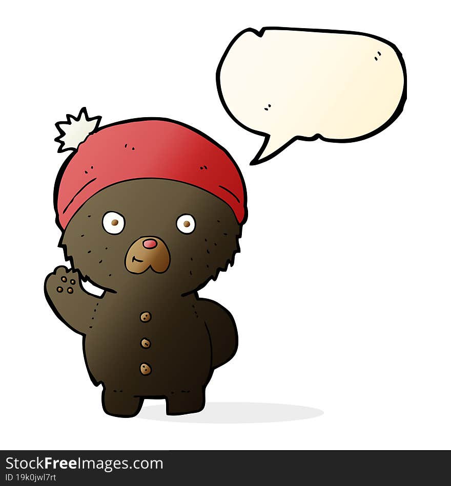 cartoon waving black teddy bear in winter hat with speech bubble