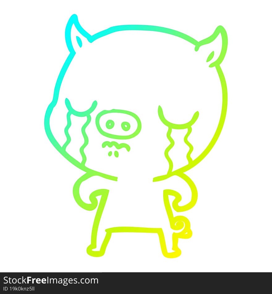 cold gradient line drawing of a cartoon pig crying