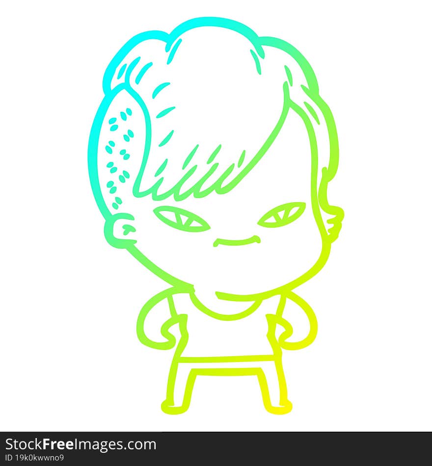 cold gradient line drawing of a cute cartoon girl with hipster haircut