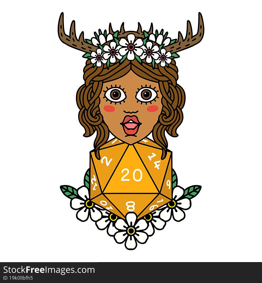 Retro Tattoo Style human druid with natural twenty dice roll. Retro Tattoo Style human druid with natural twenty dice roll