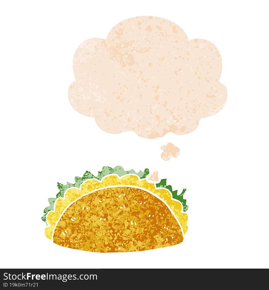 cartoon taco and thought bubble in retro textured style