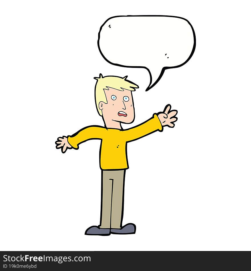 cartoon worried man reaching with speech bubble