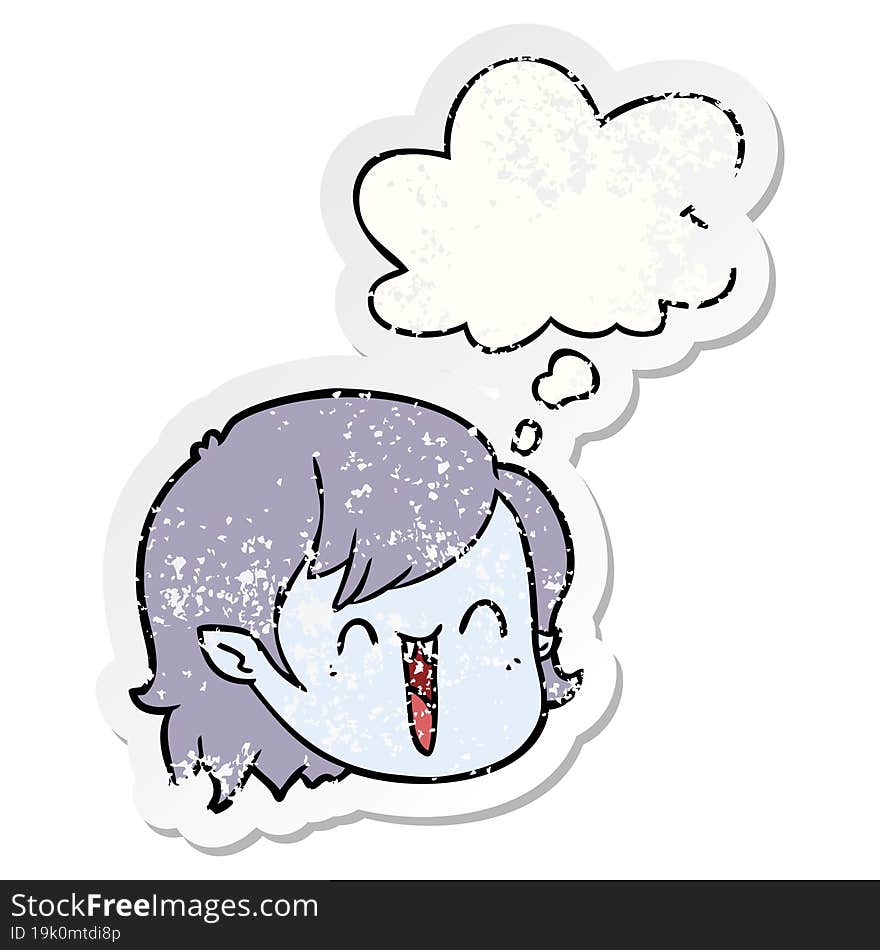 cartoon vampire girl face and thought bubble as a distressed worn sticker