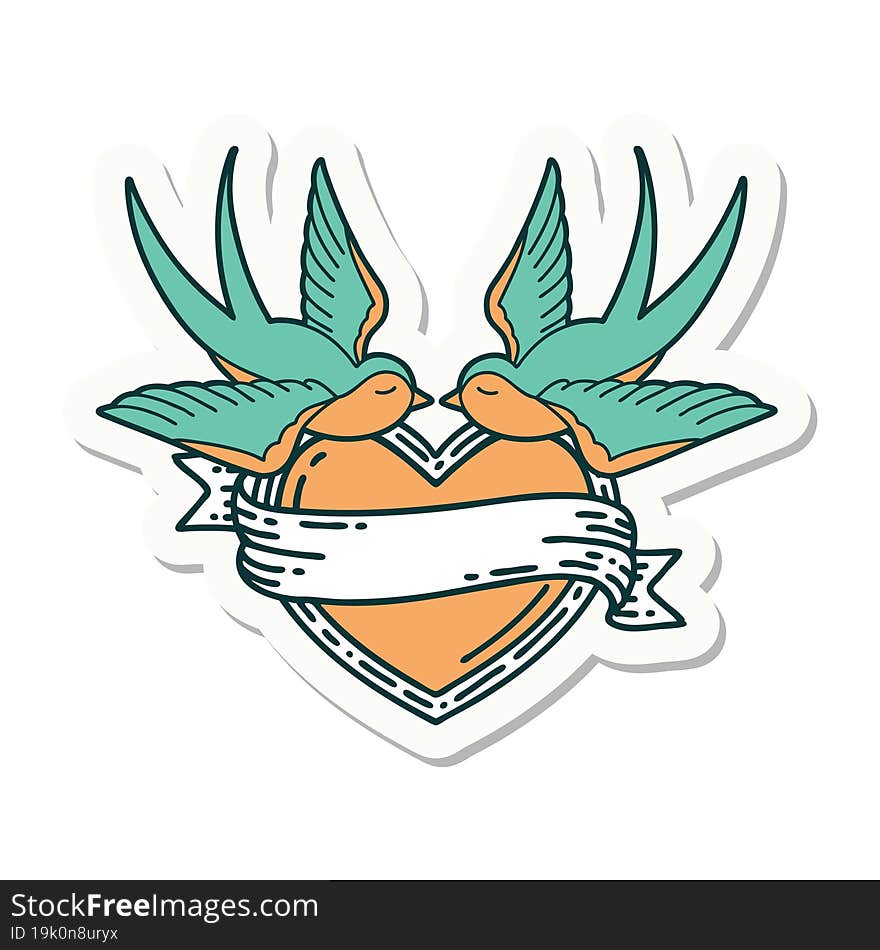 sticker of tattoo in traditional style of swallows and a heart with banner. sticker of tattoo in traditional style of swallows and a heart with banner