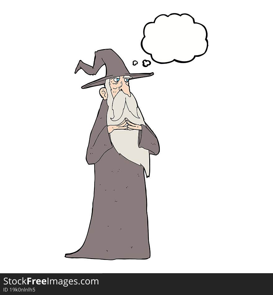 cartoon old wizard with thought bubble