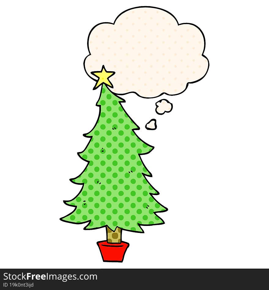 Cartoon Christmas Tree And Thought Bubble In Comic Book Style