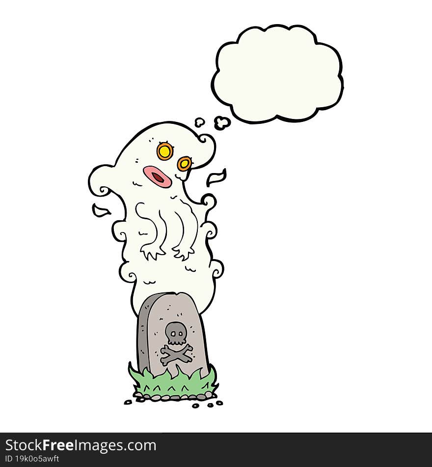 cartoon ghost rising from grave with thought bubble