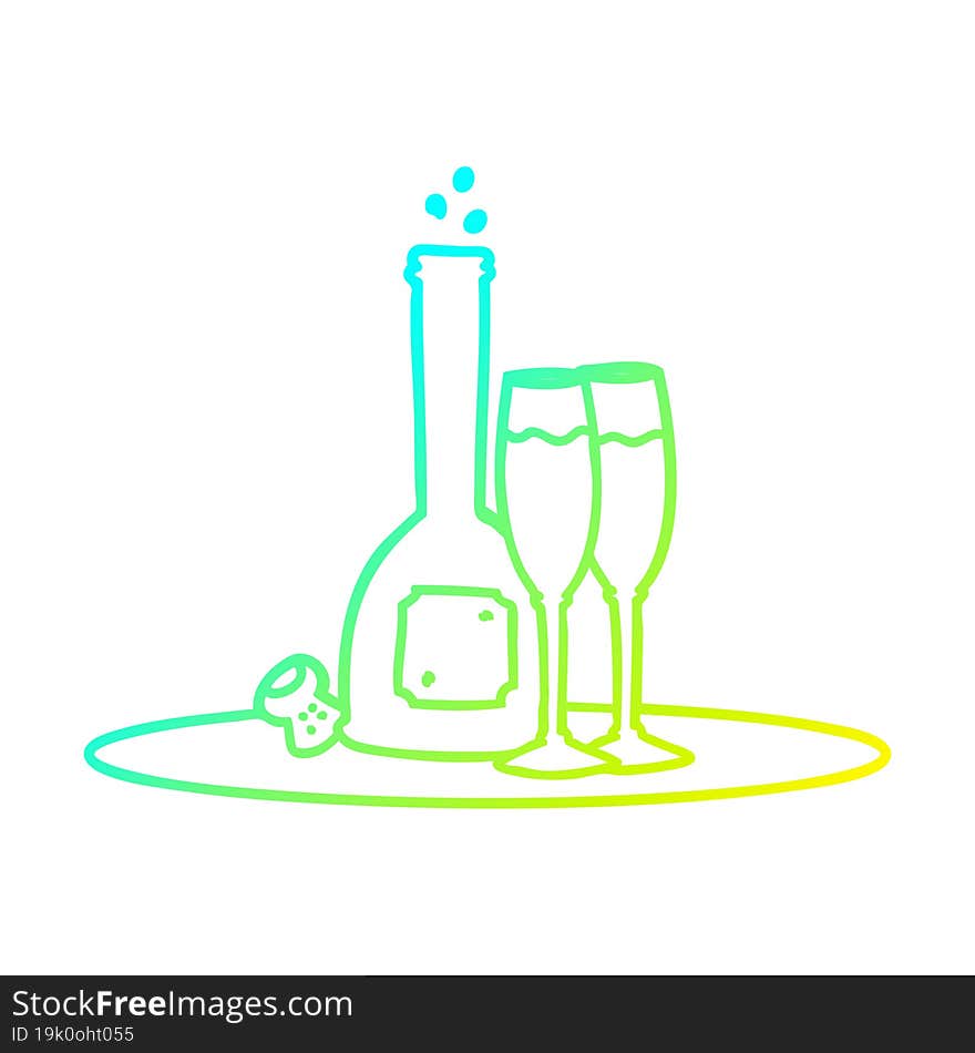 cold gradient line drawing of a cartoon champagne on tray