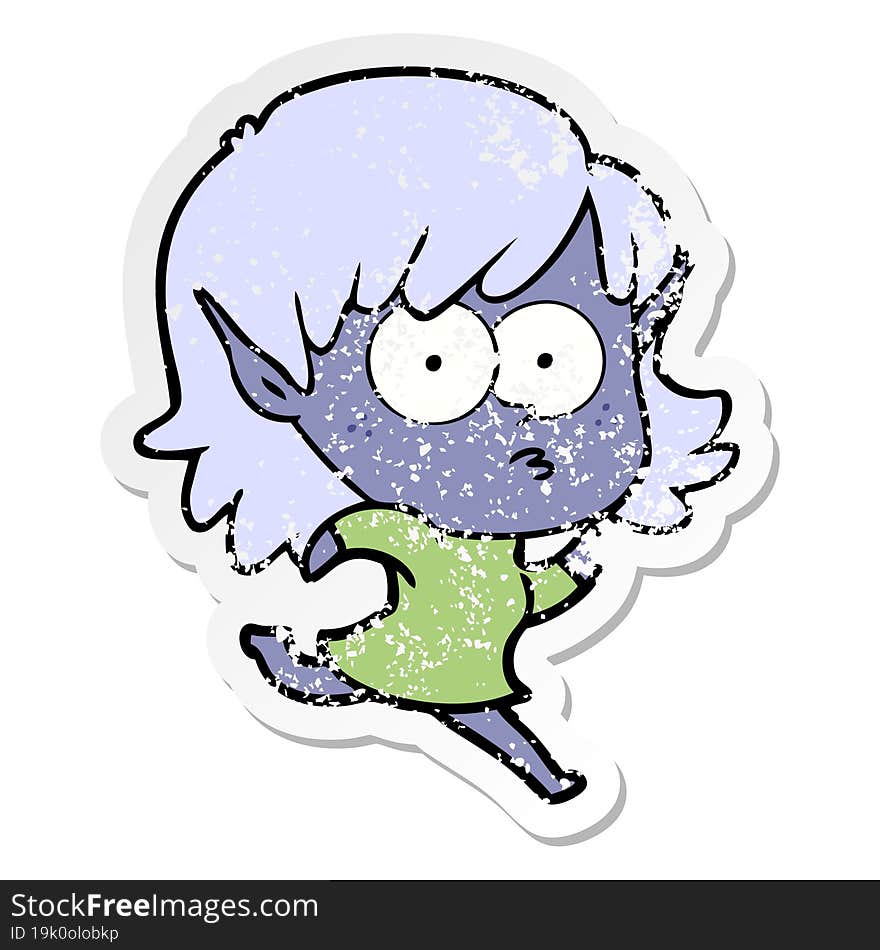 distressed sticker of a cartoon elf girl staring