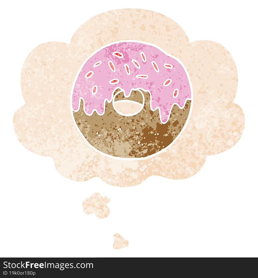 cartoon donut and thought bubble in retro textured style