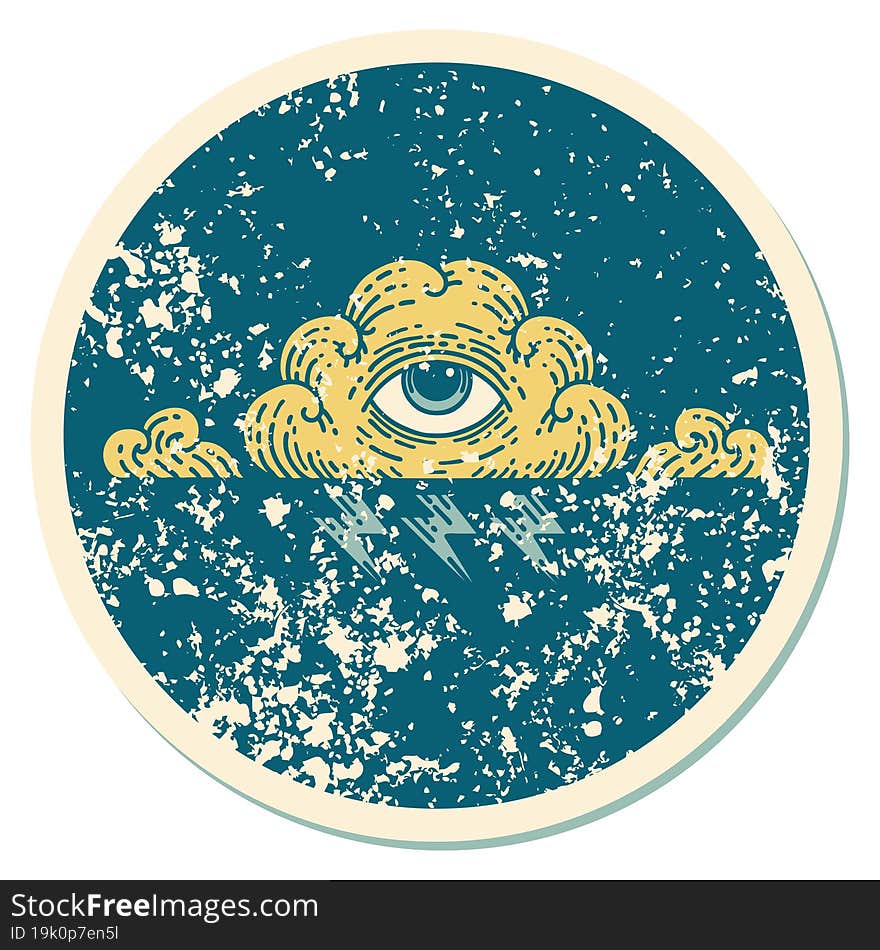 distressed sticker tattoo style icon of an all seeing eye cloud