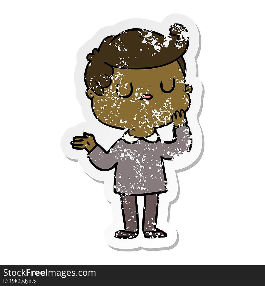 distressed sticker of a cartoon man wondering