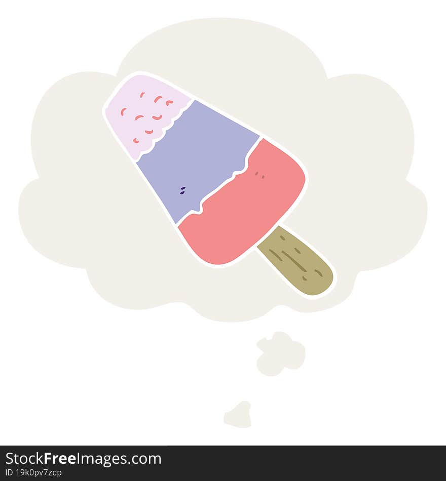 cartoon ice lolly with thought bubble in retro style