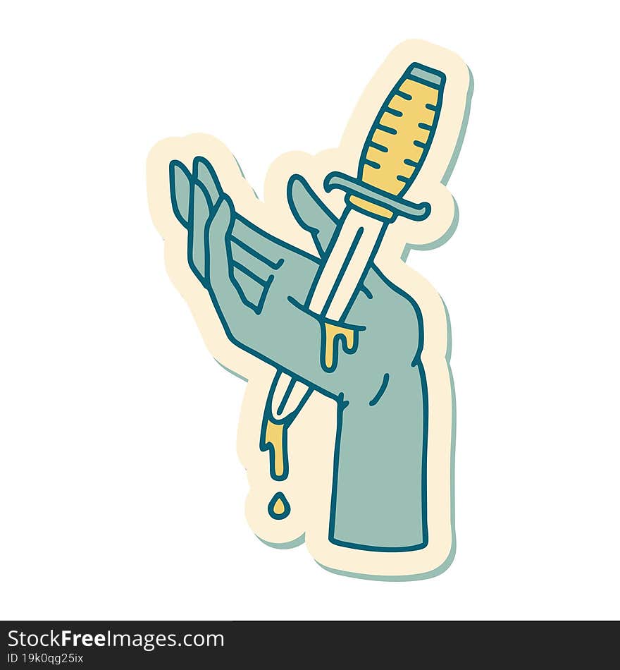 sticker of tattoo in traditional style of a dagger in the hand. sticker of tattoo in traditional style of a dagger in the hand