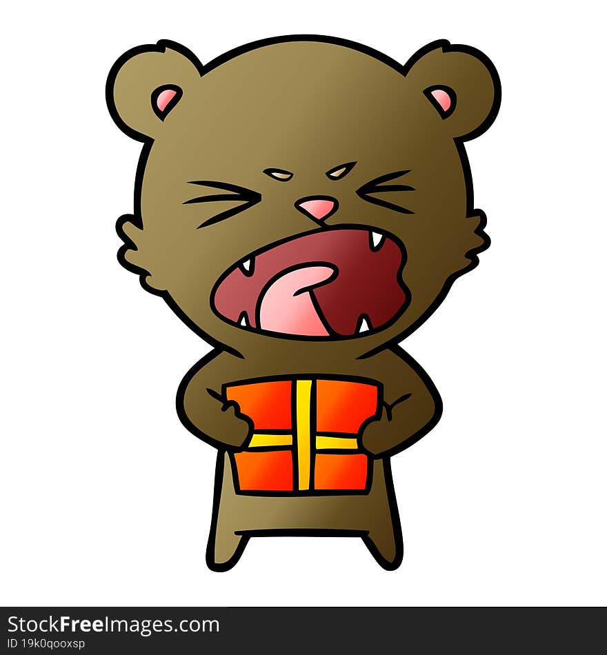 angry cartoon bear with present. angry cartoon bear with present