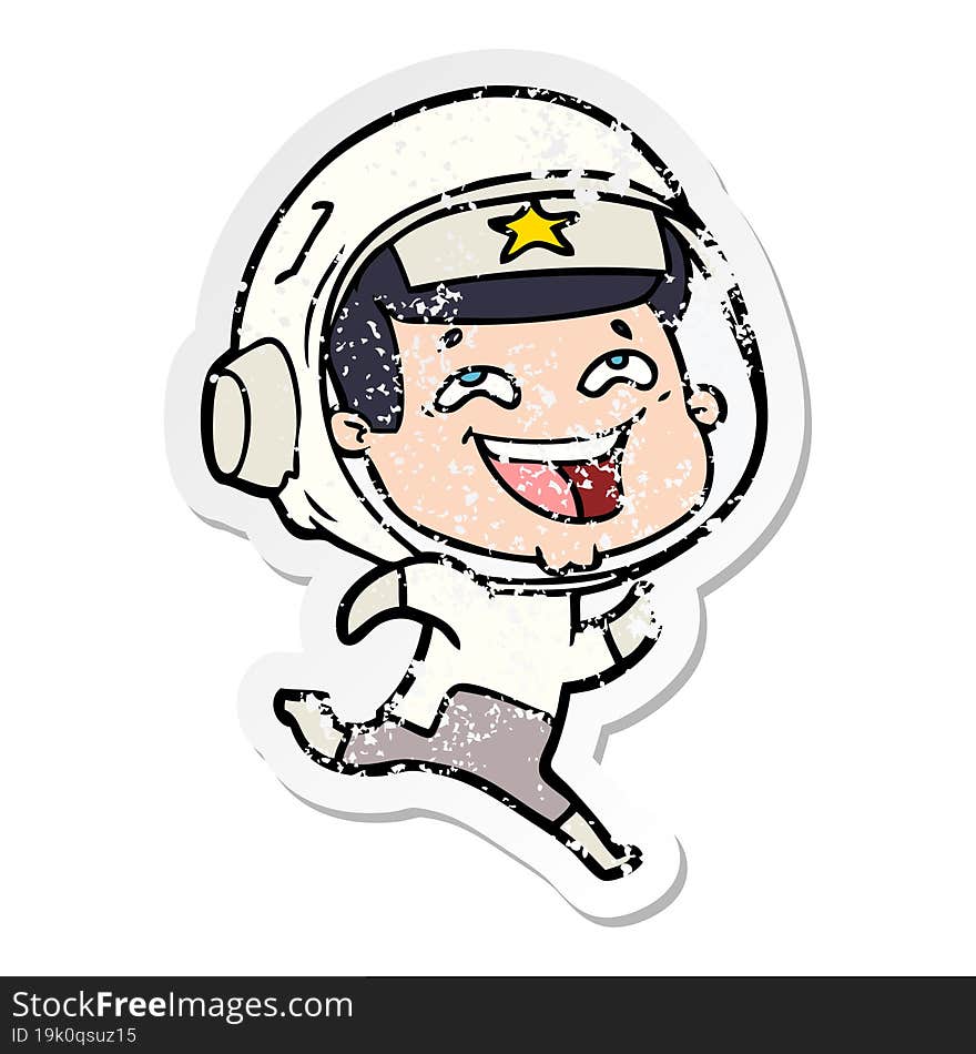 distressed sticker of a cartoon laughing astronaut