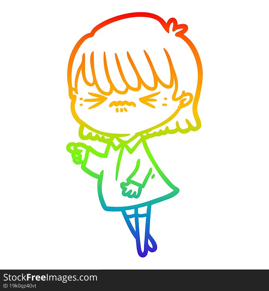 rainbow gradient line drawing of a annoyed cartoon girl making accusation