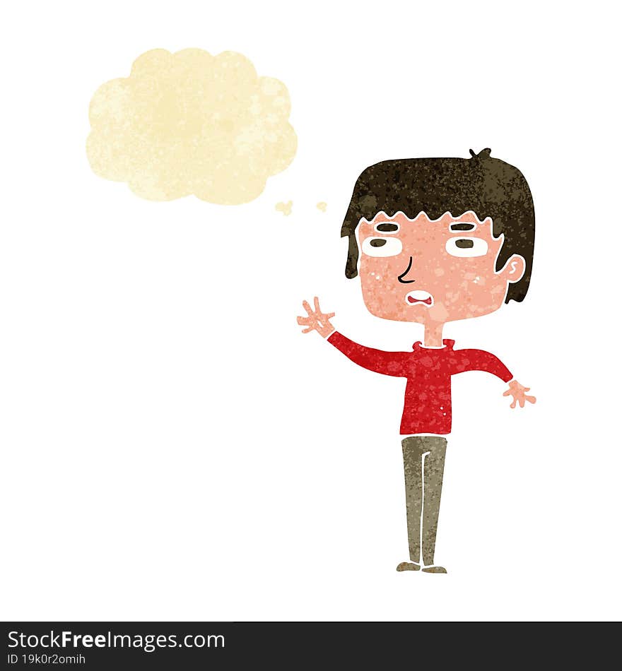 Cartoon Unhappy Boy Waving With Thought Bubble