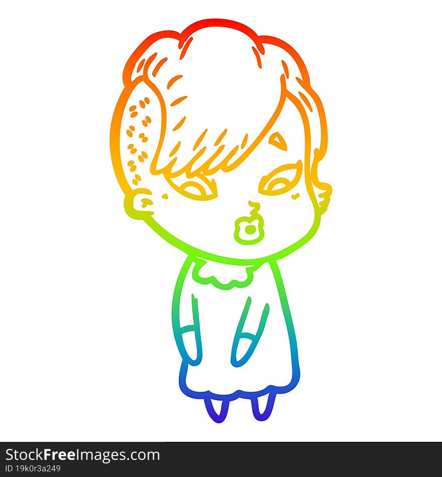 Rainbow Gradient Line Drawing Cartoon Surprised Girl