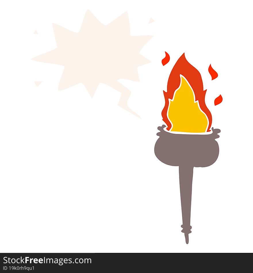 cartoon flaming chalice and speech bubble in retro style