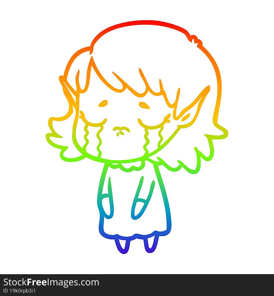 rainbow gradient line drawing crying cartoon elf girl