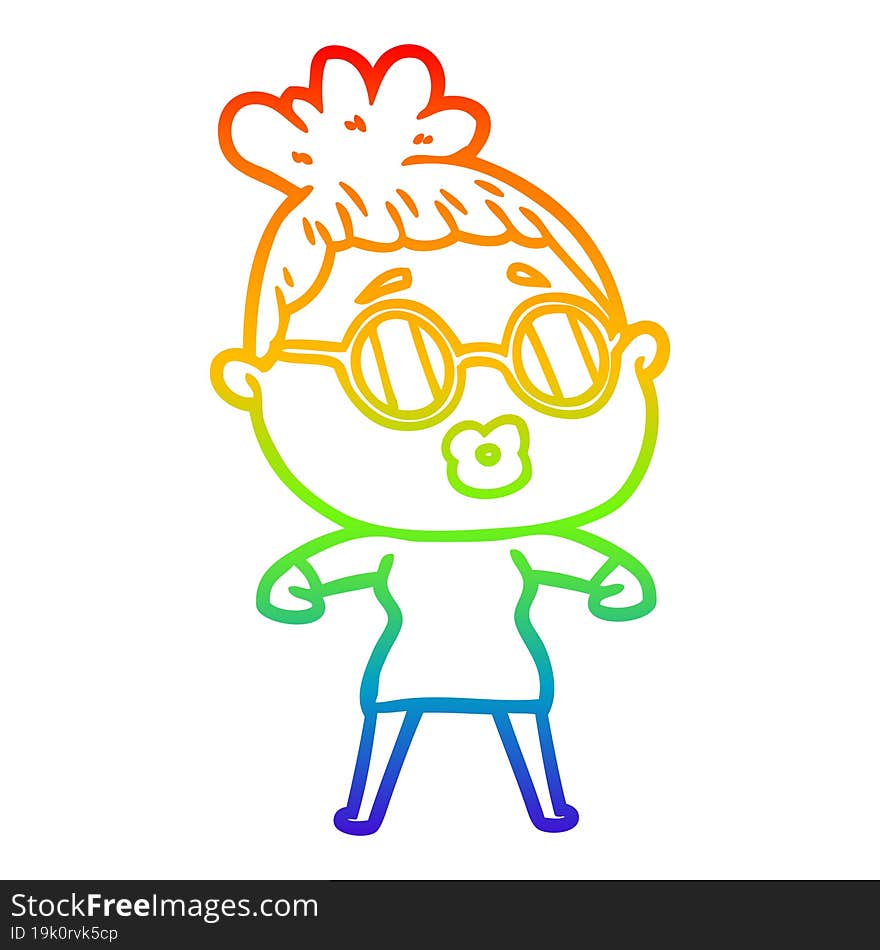 rainbow gradient line drawing of a cartoon woman wearing spectacles