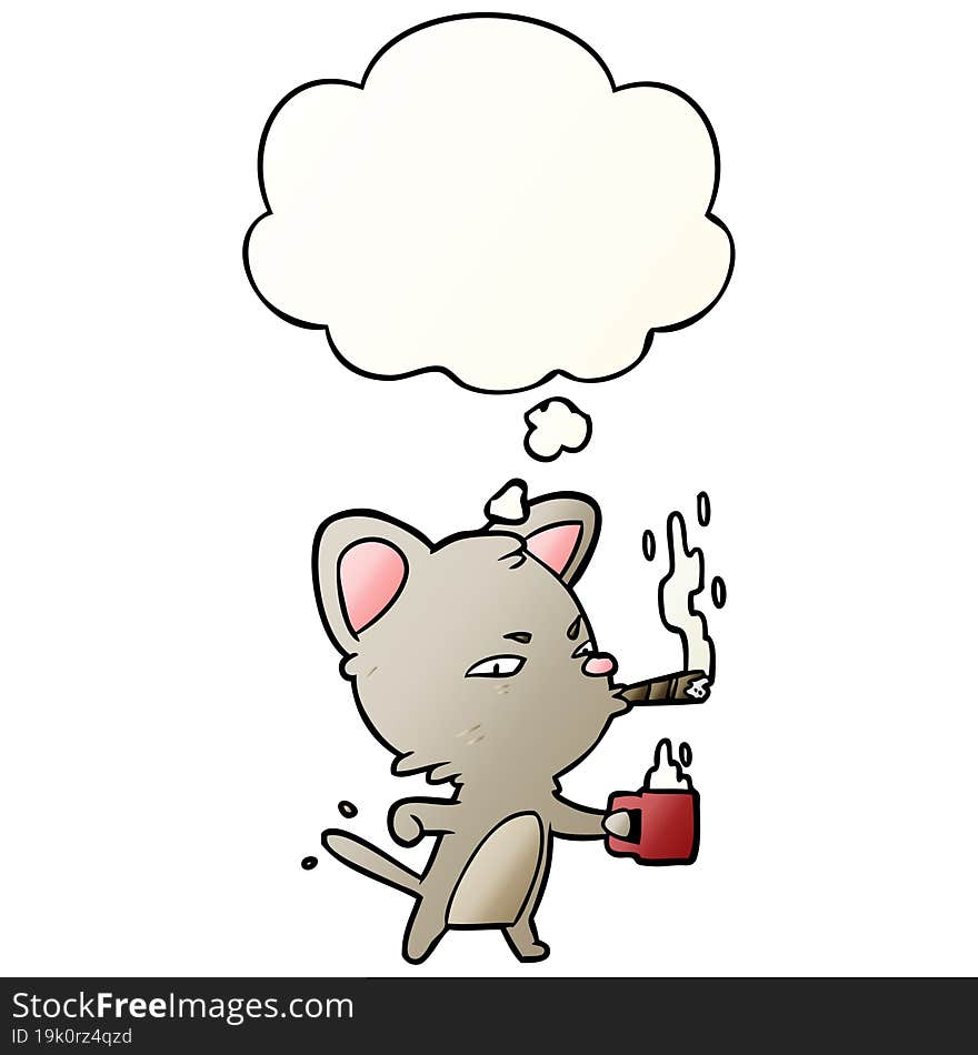 Cartoon Cat With Coffee And Cigar And Thought Bubble In Smooth Gradient Style