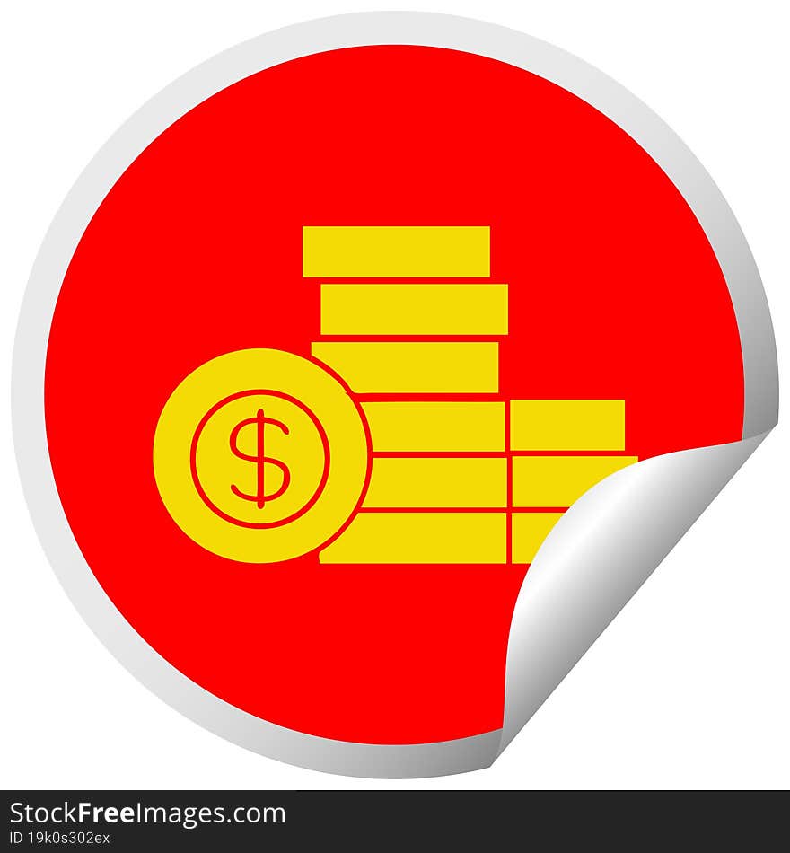 circular peeling sticker cartoon of a pile of money