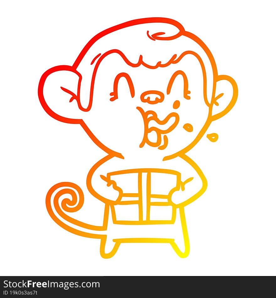 warm gradient line drawing of a crazy cartoon monkey with christmas present