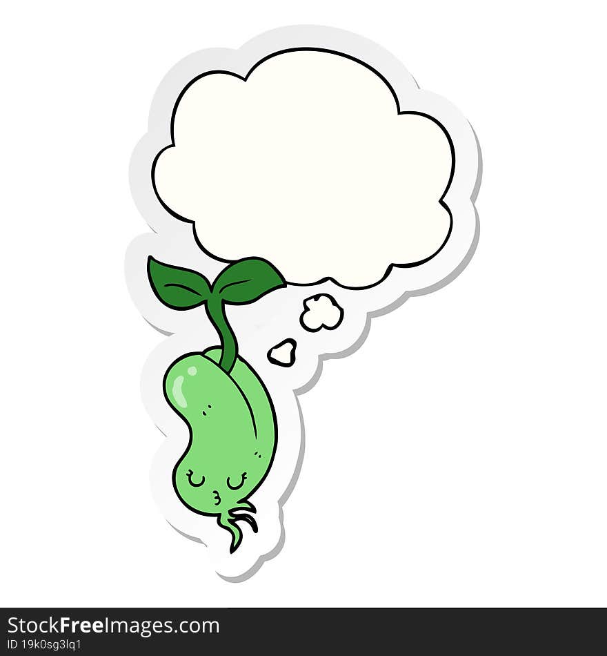 cartoon sprouting bean and thought bubble as a printed sticker