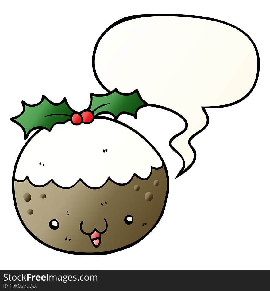 cute cartoon christmas pudding and speech bubble in smooth gradient style