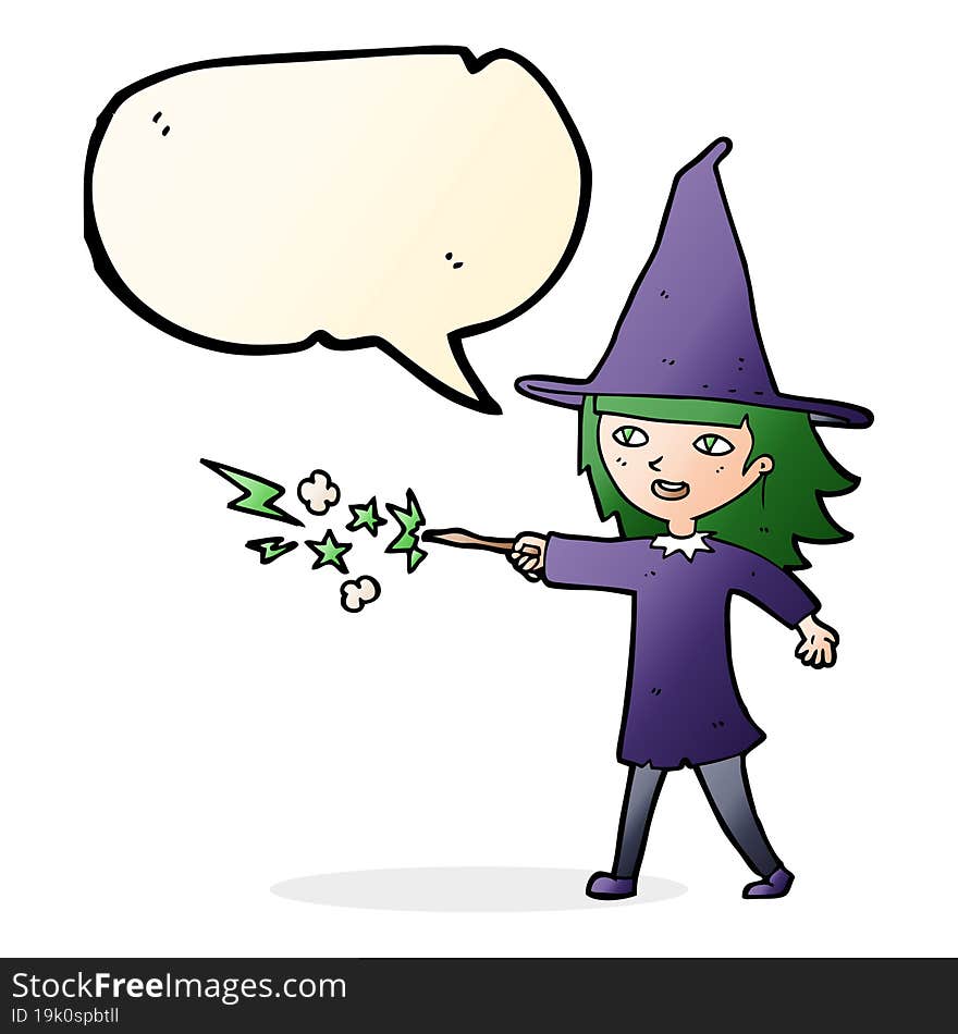 cartoon witch girl casting spell with speech bubble