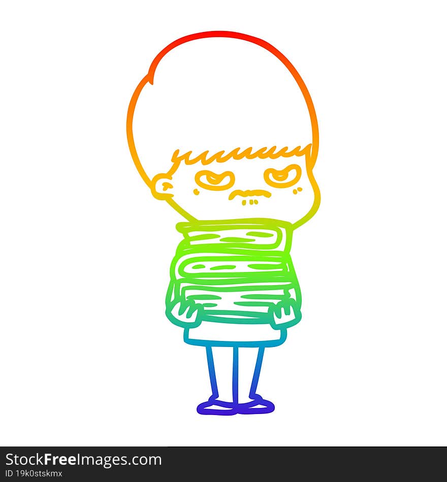 Rainbow Gradient Line Drawing Angry Cartoon Boy With Books