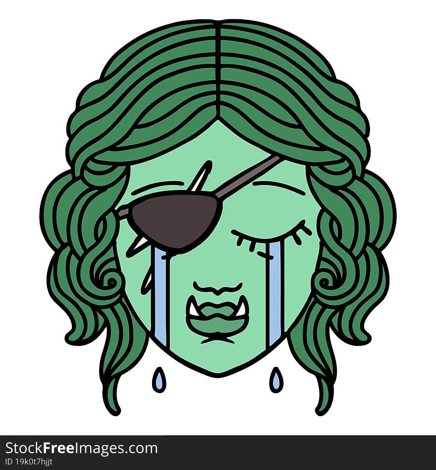 Retro Tattoo Style crying half orc rogue character face. Retro Tattoo Style crying half orc rogue character face